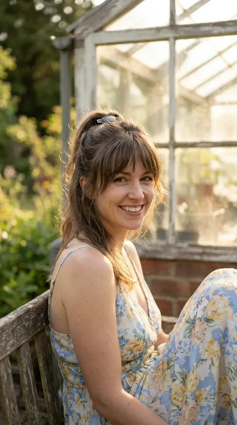 Woman with a half-up hairstyle secured with a small clip and choppy bangs left down