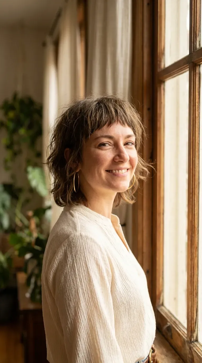 Woman with a layered bob and choppy textured bangs