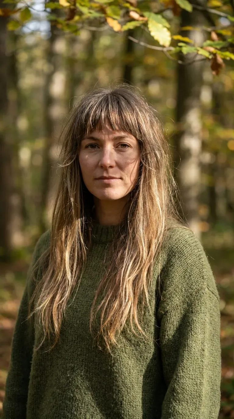 Woman with long layered hair and choppy textured bangs