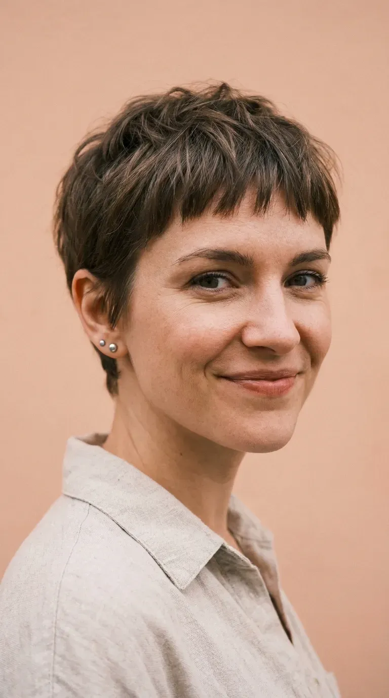 Woman with a short pixie cut and choppy textured bangs