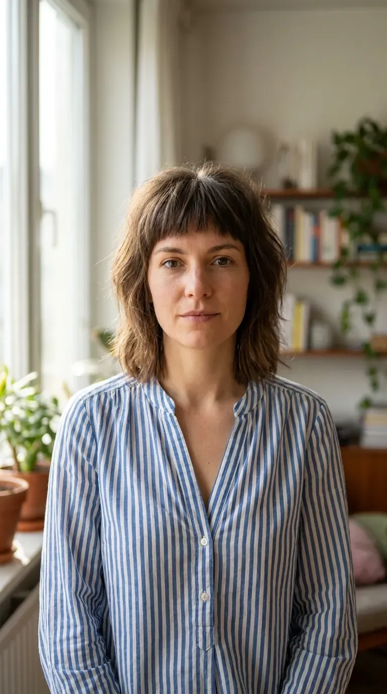 Woman with choppy bangs styled with visible lift at the roots