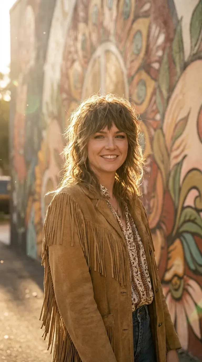 Woman with a shaggy layered haircut and choppy textured bangs