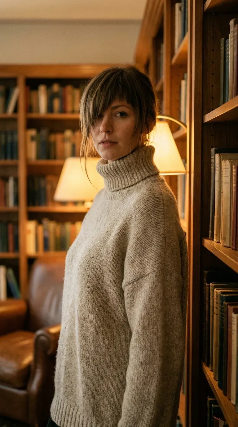 Woman with choppy bangs swept more heavily to one side