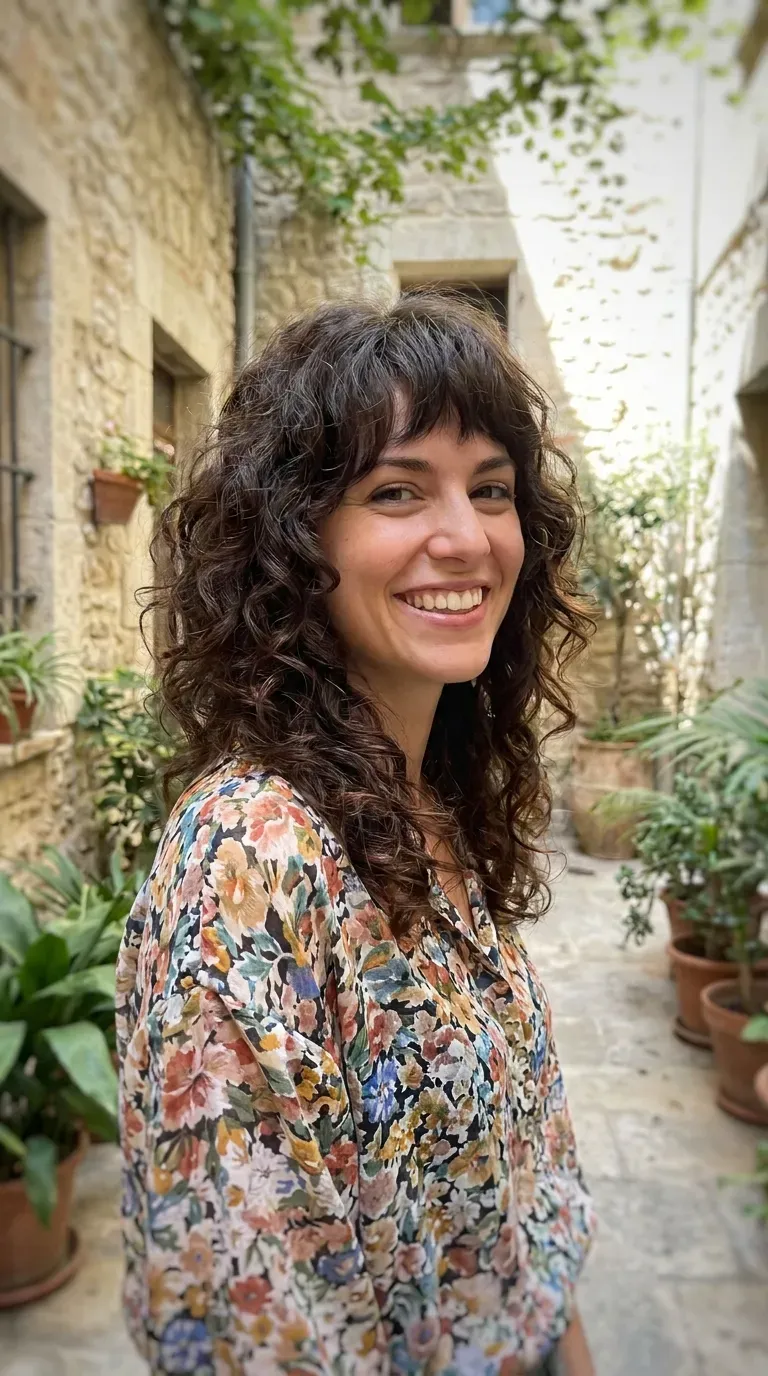 Woman with soft defined curls and choppy textured bangs