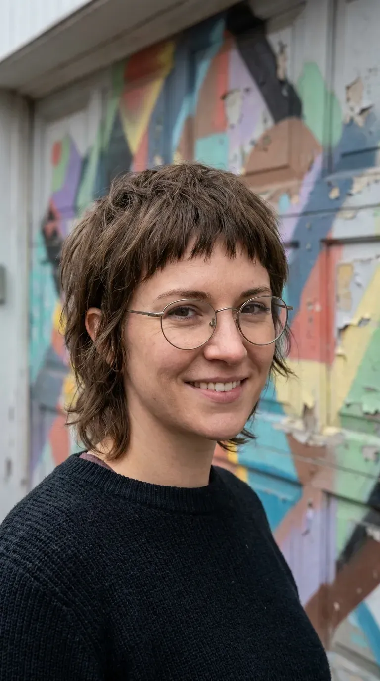 Woman with a short textured crop and choppy bangs
