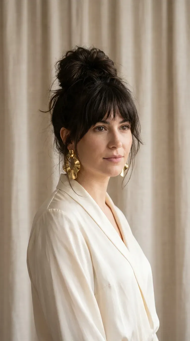 Woman with a soft top knot and choppy bangs left down to frame the face