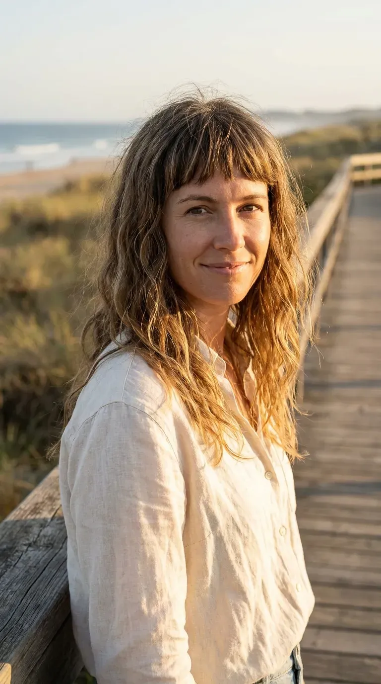 Woman with natural wavy hair and choppy textured bangs