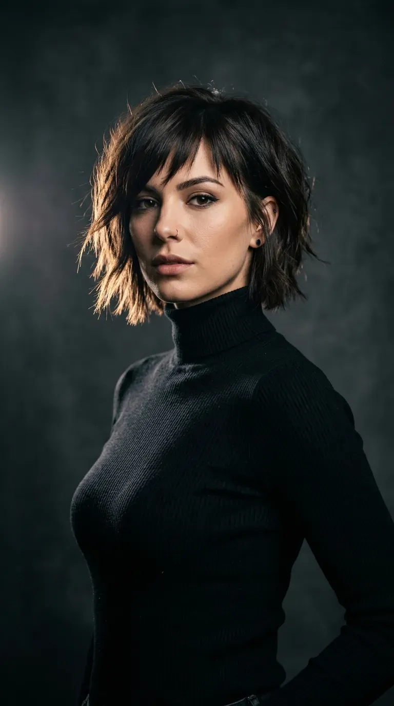 Woman with a choppy bob featuring subtly asymmetric bangs that sweep unevenly
