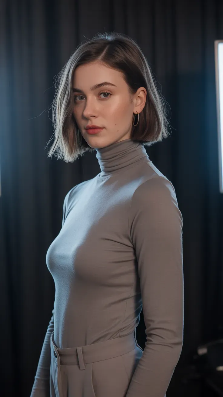 Woman with a choppy bob featuring subtly asymmetric length between the two sides