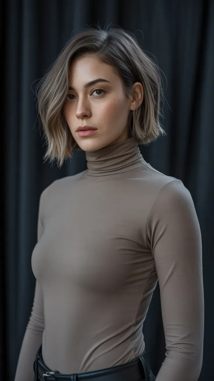 Woman with a choppy bob featuring subtly asymmetric length between the two sides