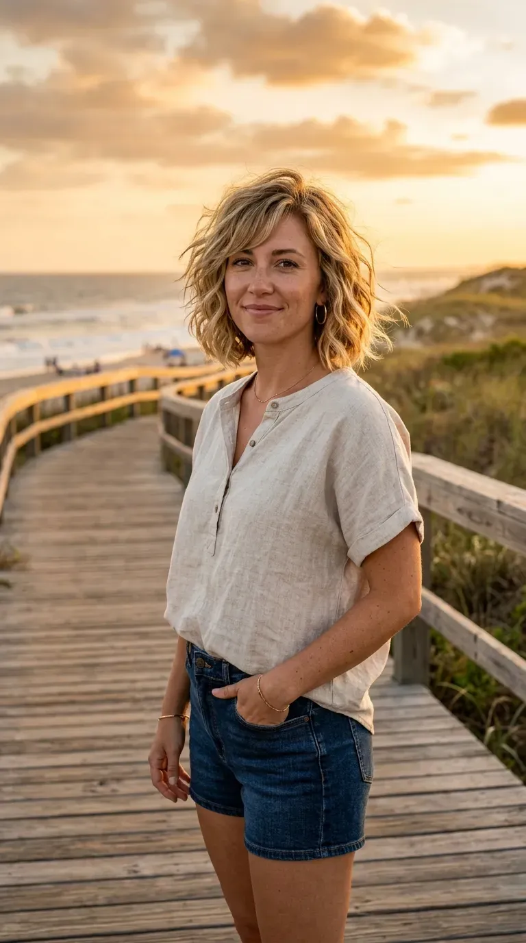 Woman with a choppy bob styled with soft beachy waves and side-swept bangs