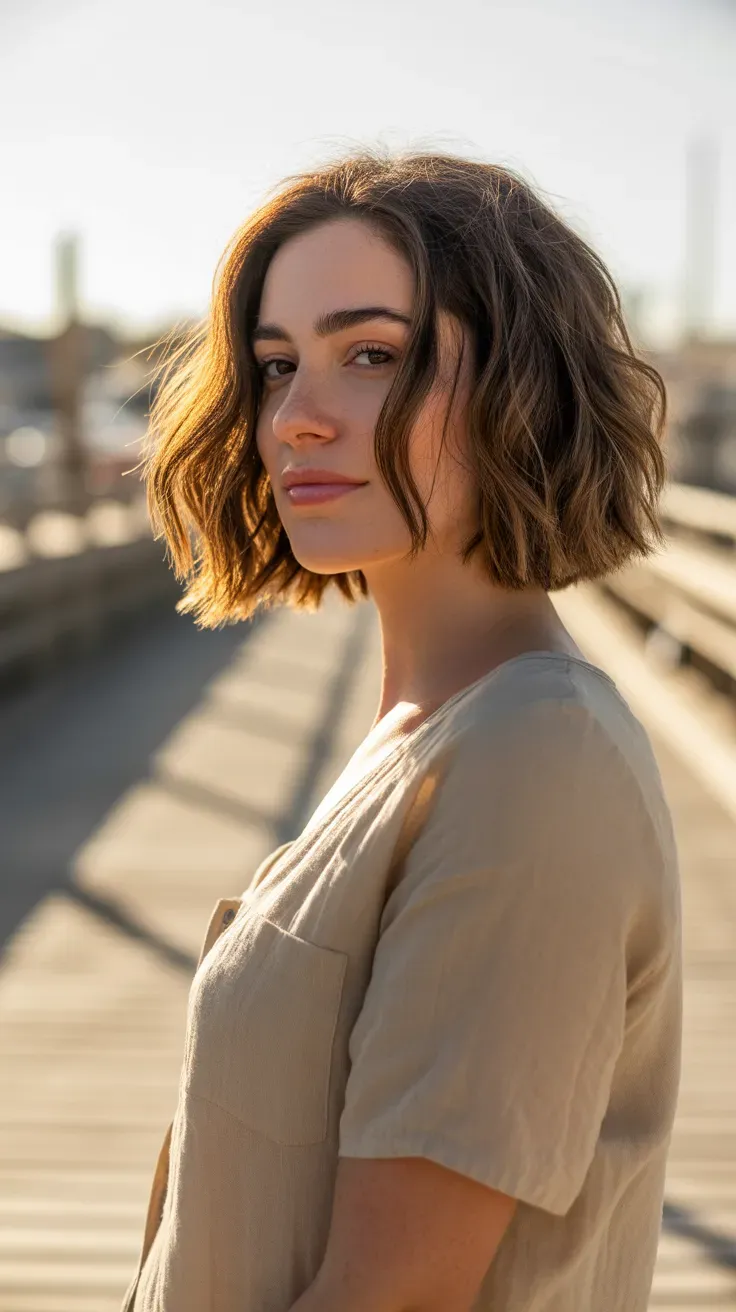 Woman with a choppy bob styled with soft beachy waves