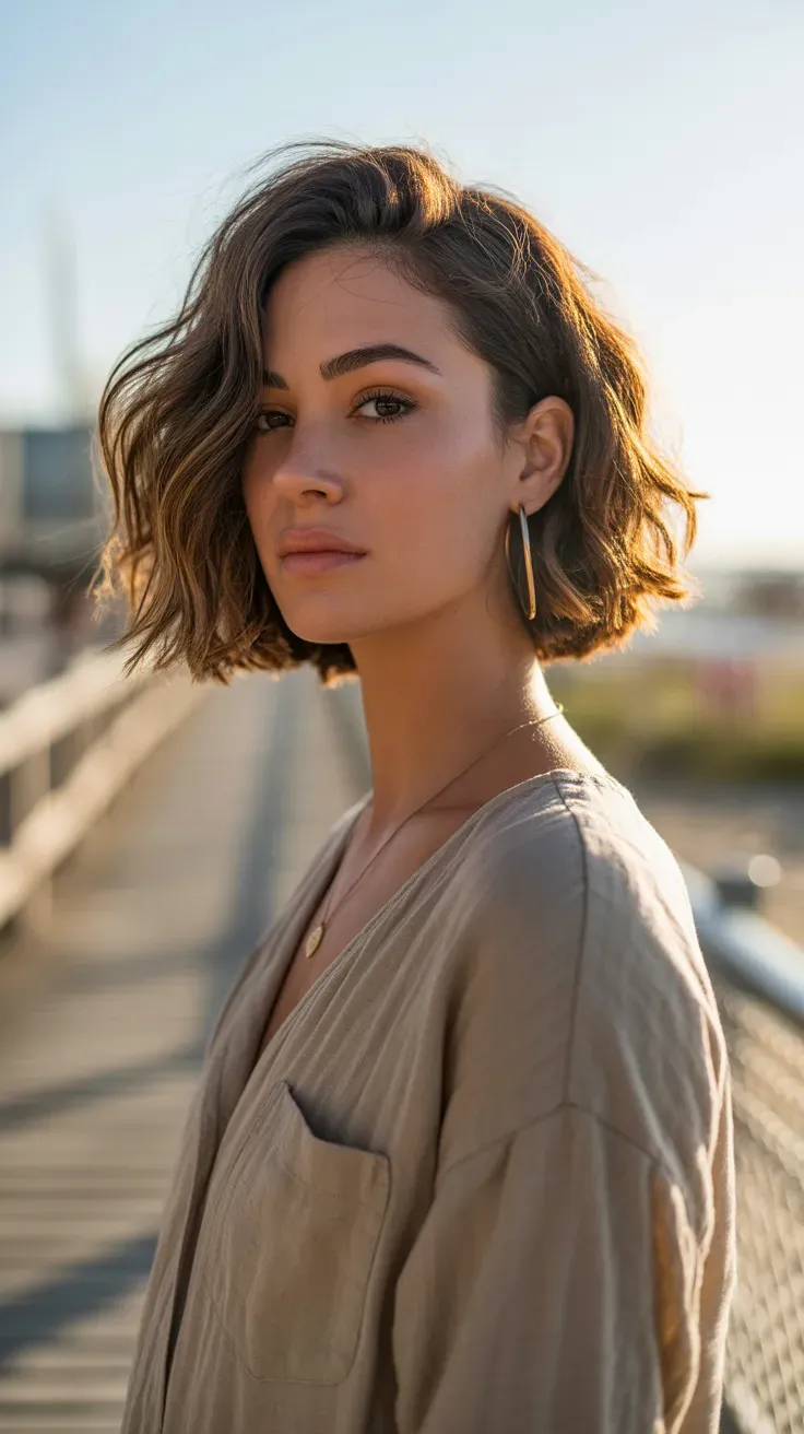Woman with a choppy bob styled with soft beachy waves