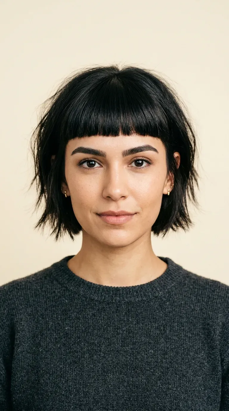 Woman with a choppy bob paired with a bold blunt eyebrow-skimming fringe