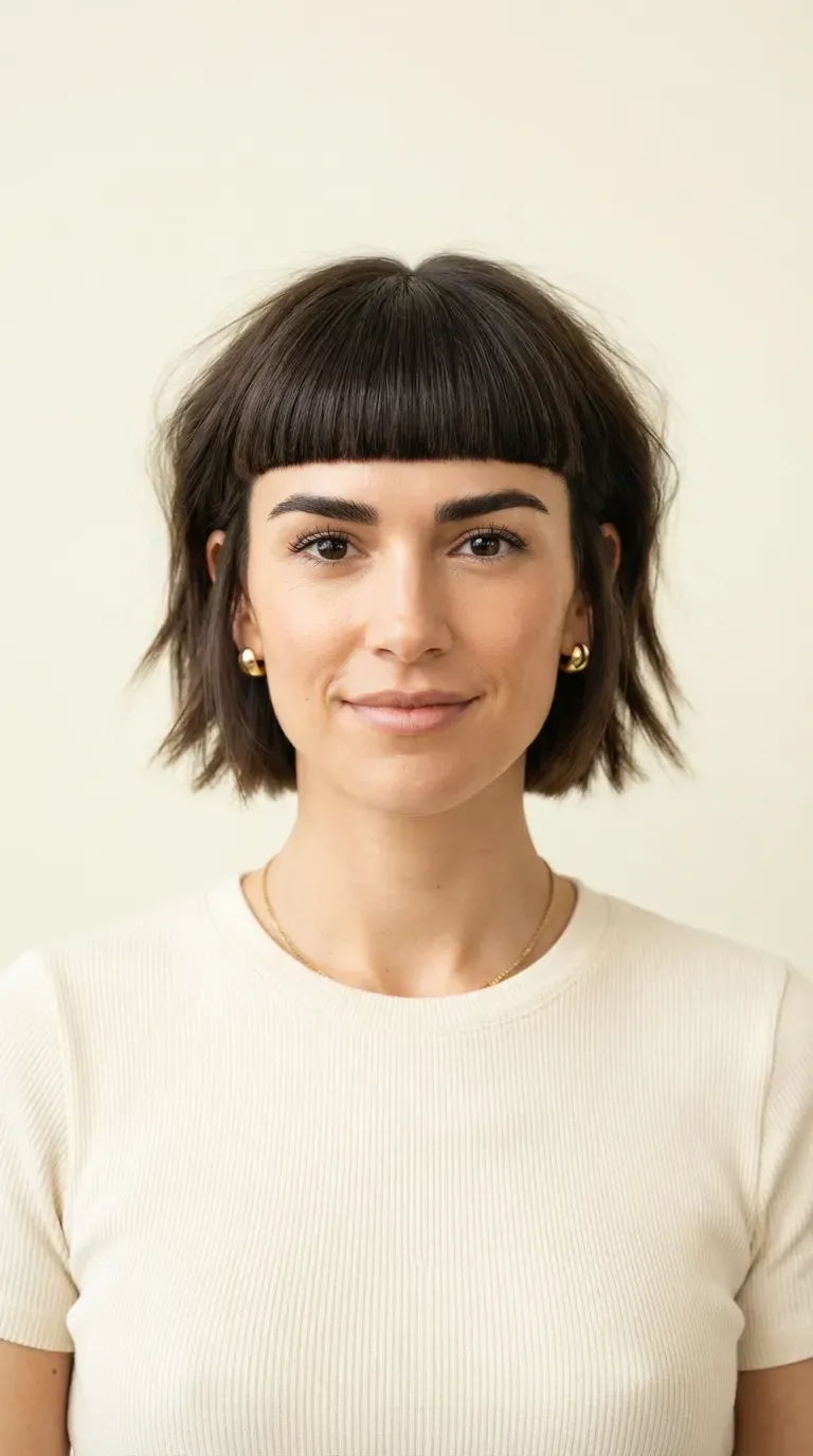 Woman with a choppy bob paired with a bold blunt eyebrow-skimming fringe