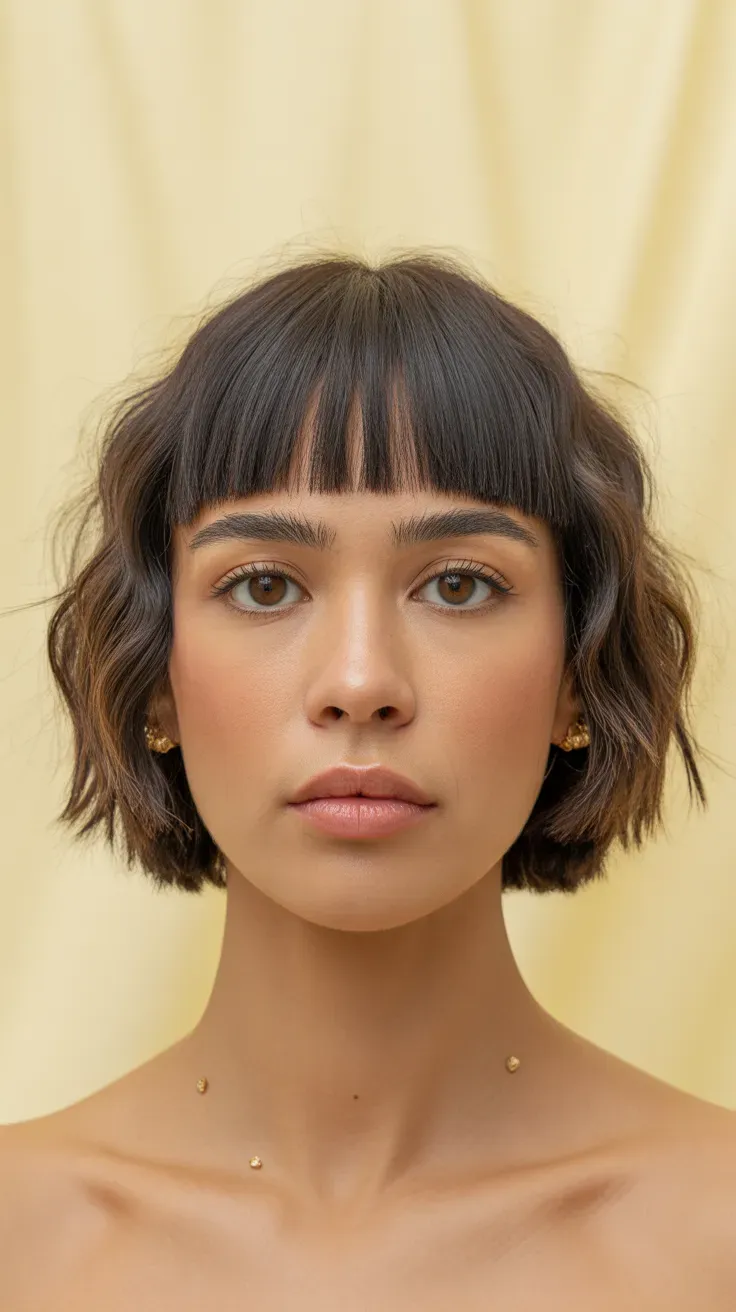 Woman with a choppy bob paired with a bold blunt eyebrow-skimming fringe
