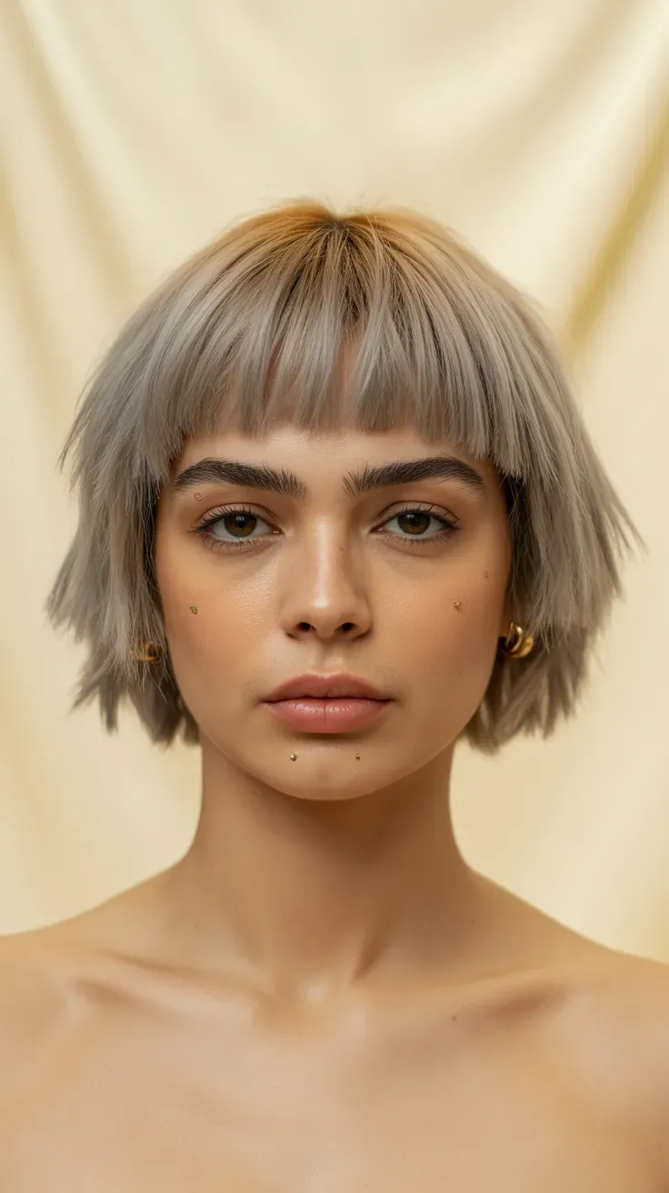 Woman with a choppy bob paired with a bold blunt eyebrow-skimming fringe