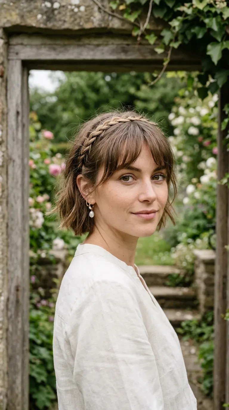Woman with a choppy bob featuring a delicate thin braid wrapped around the crown alongside bangs