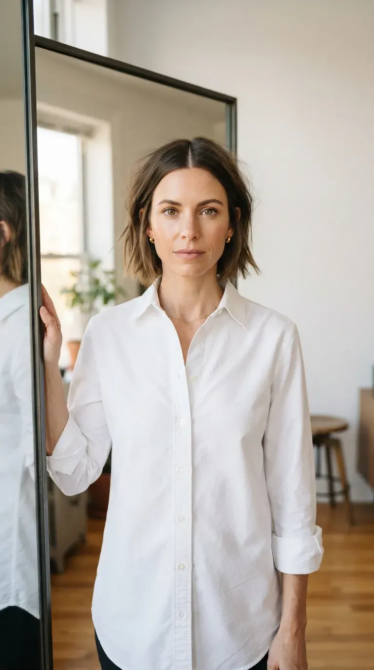 Woman with a choppy bob styled with a symmetrical center part