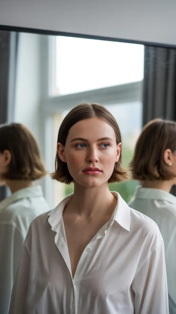 Woman with a choppy bob styled with a symmetrical center part
