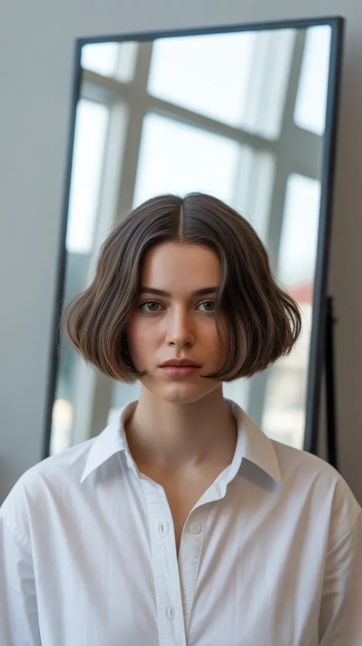Woman with a choppy bob styled with a symmetrical center part