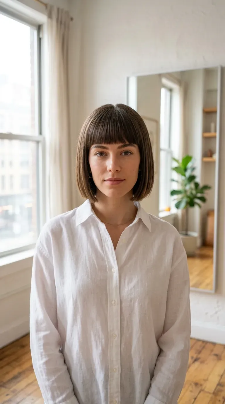 Woman with a choppy bob and bangs styled with a symmetrical center part