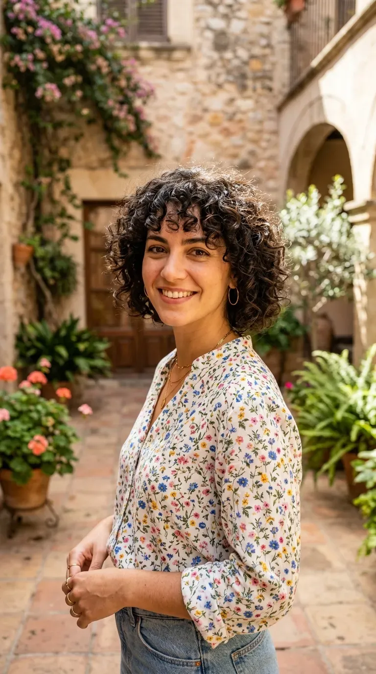Woman with a choppy bob showing natural curly texture and soft curly bangs