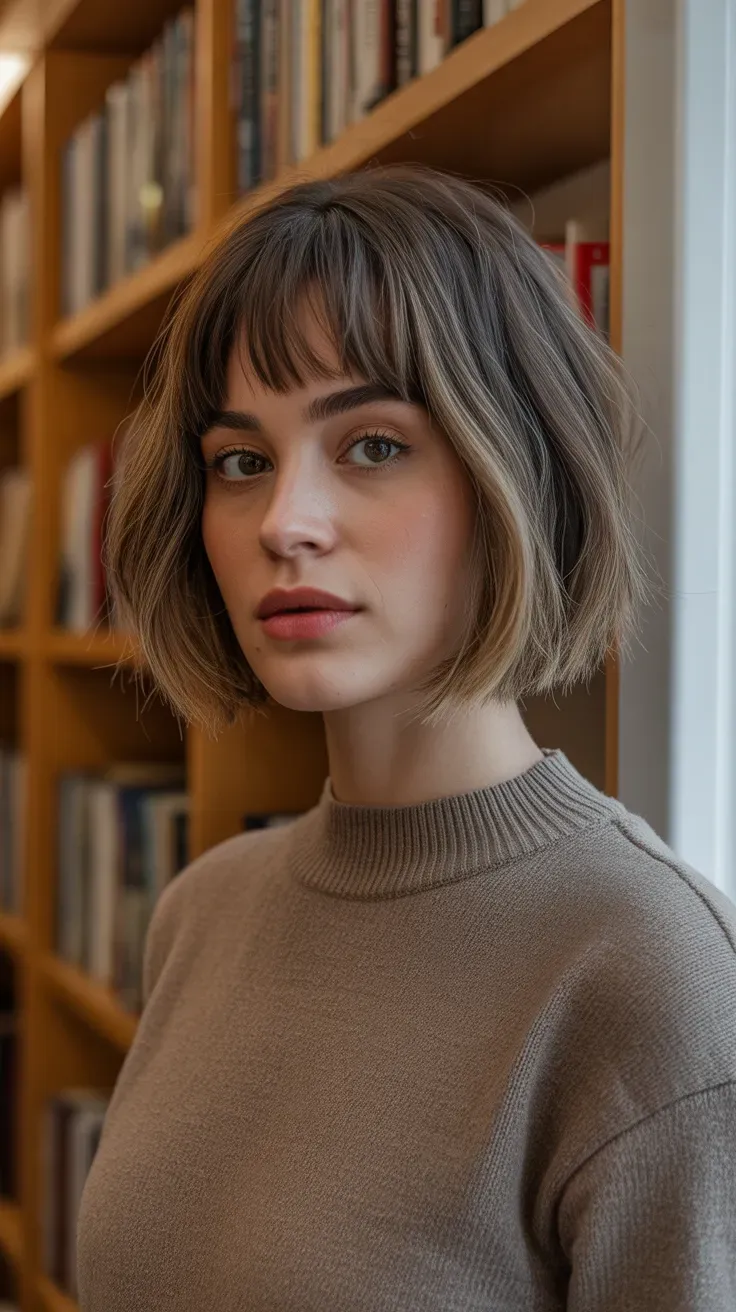 Woman with a choppy bob and soft curtain bangs parted at the center