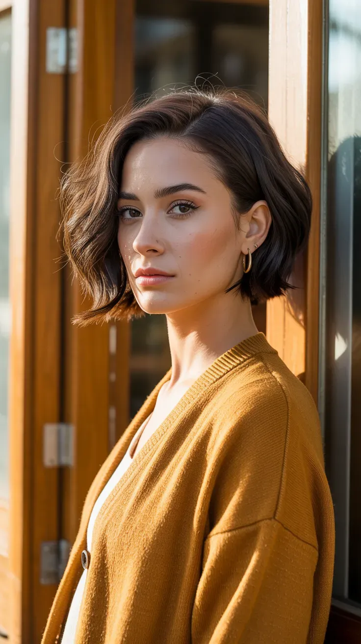 Woman with a choppy bob styled with a dramatic deep side part