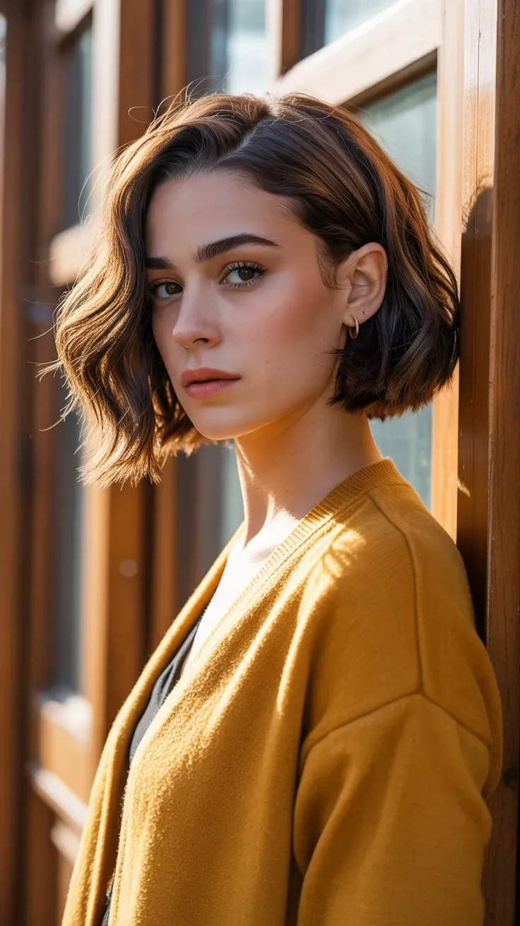 Woman with a choppy bob styled with a dramatic deep side part