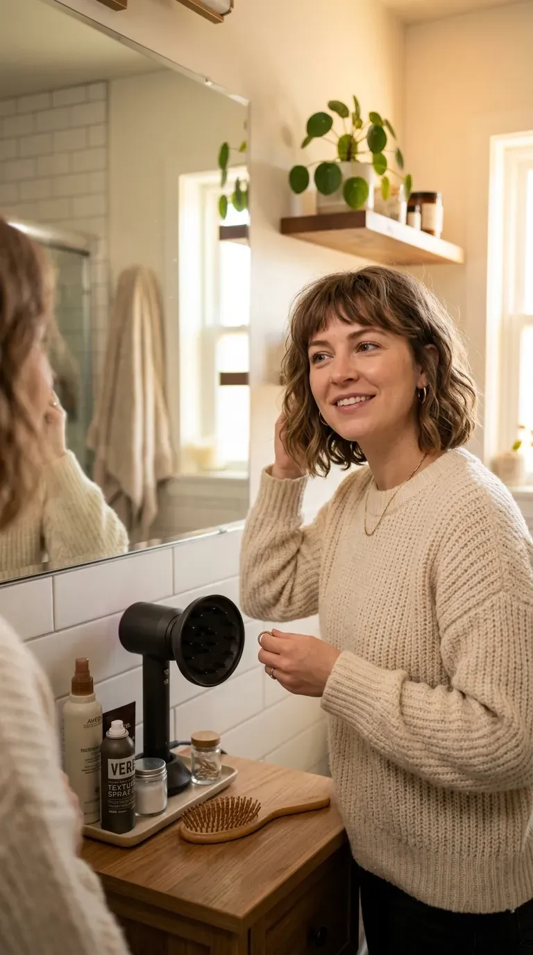 Woman with a choppy bob styled using a diffuser for soft natural waves and bangs
