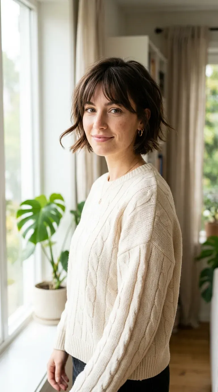 Woman with a choppy bob featuring soft face-framing bangs at the front