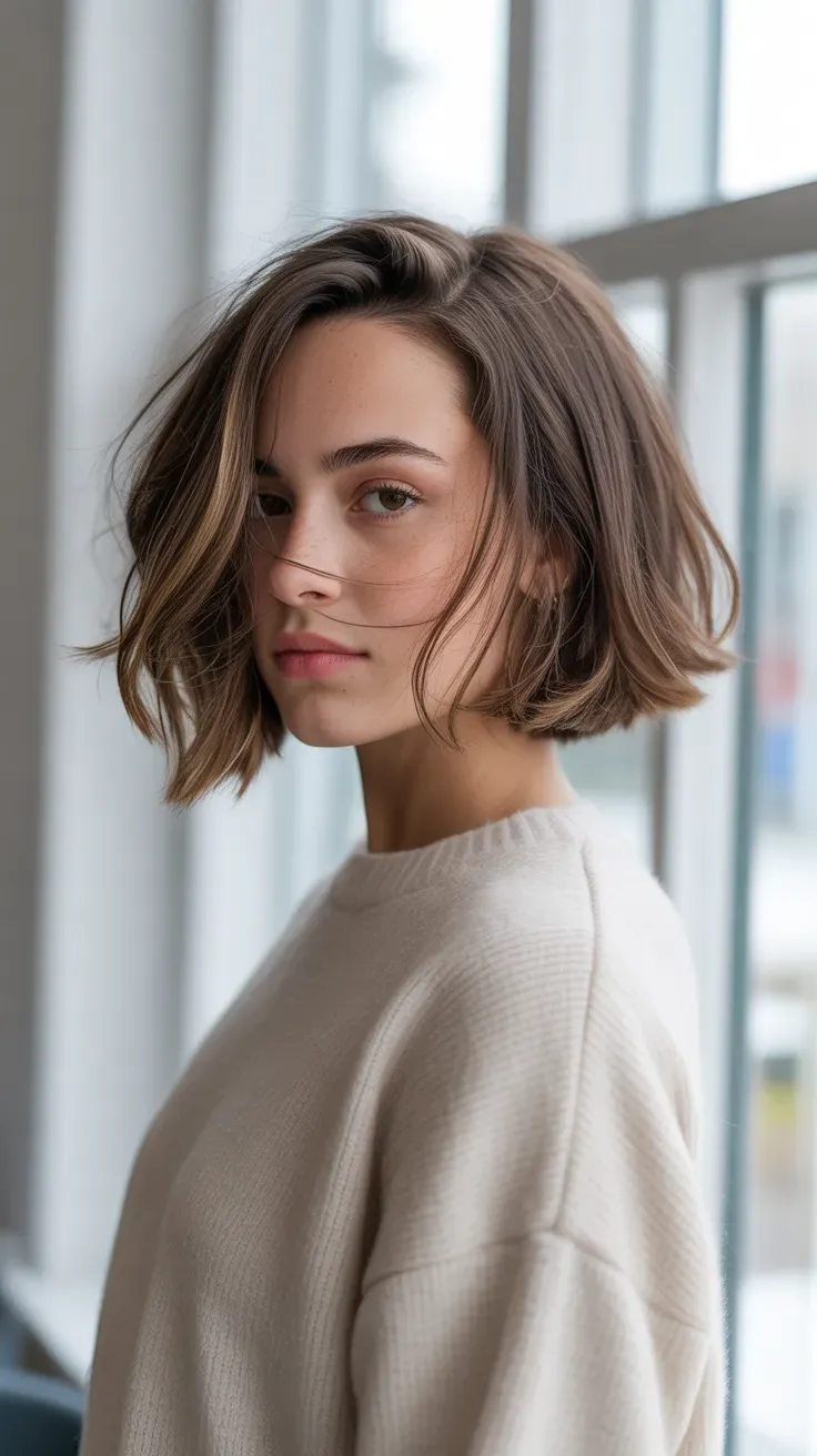 Woman with a choppy bob featuring soft face-framing layers