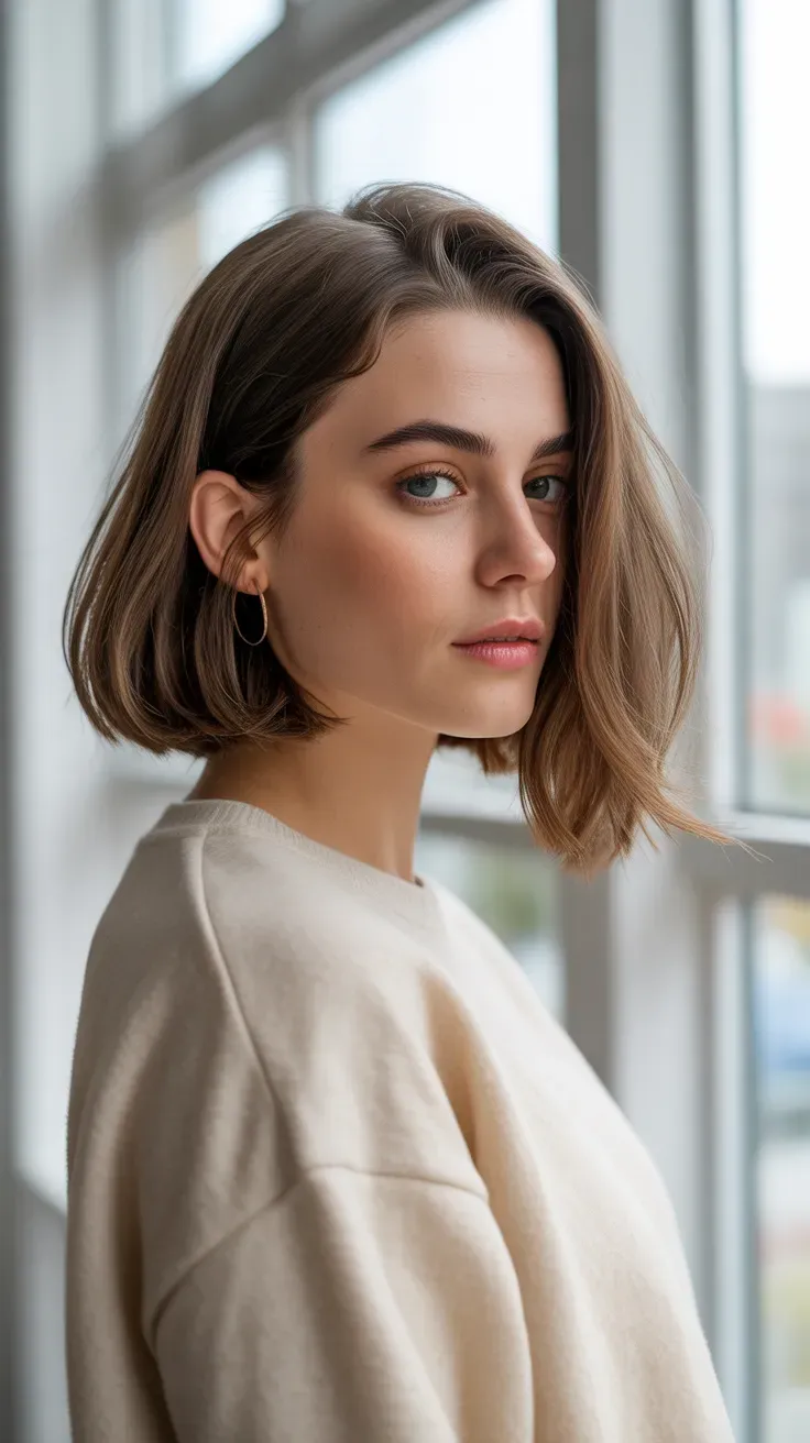 Woman with a choppy bob featuring soft face-framing pieces