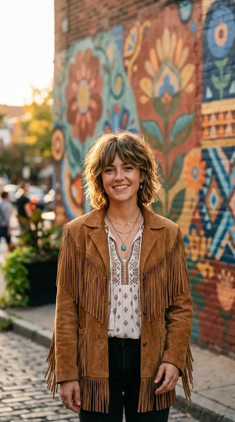 Woman with a choppy bob and feathered layered bangs blending into the sides