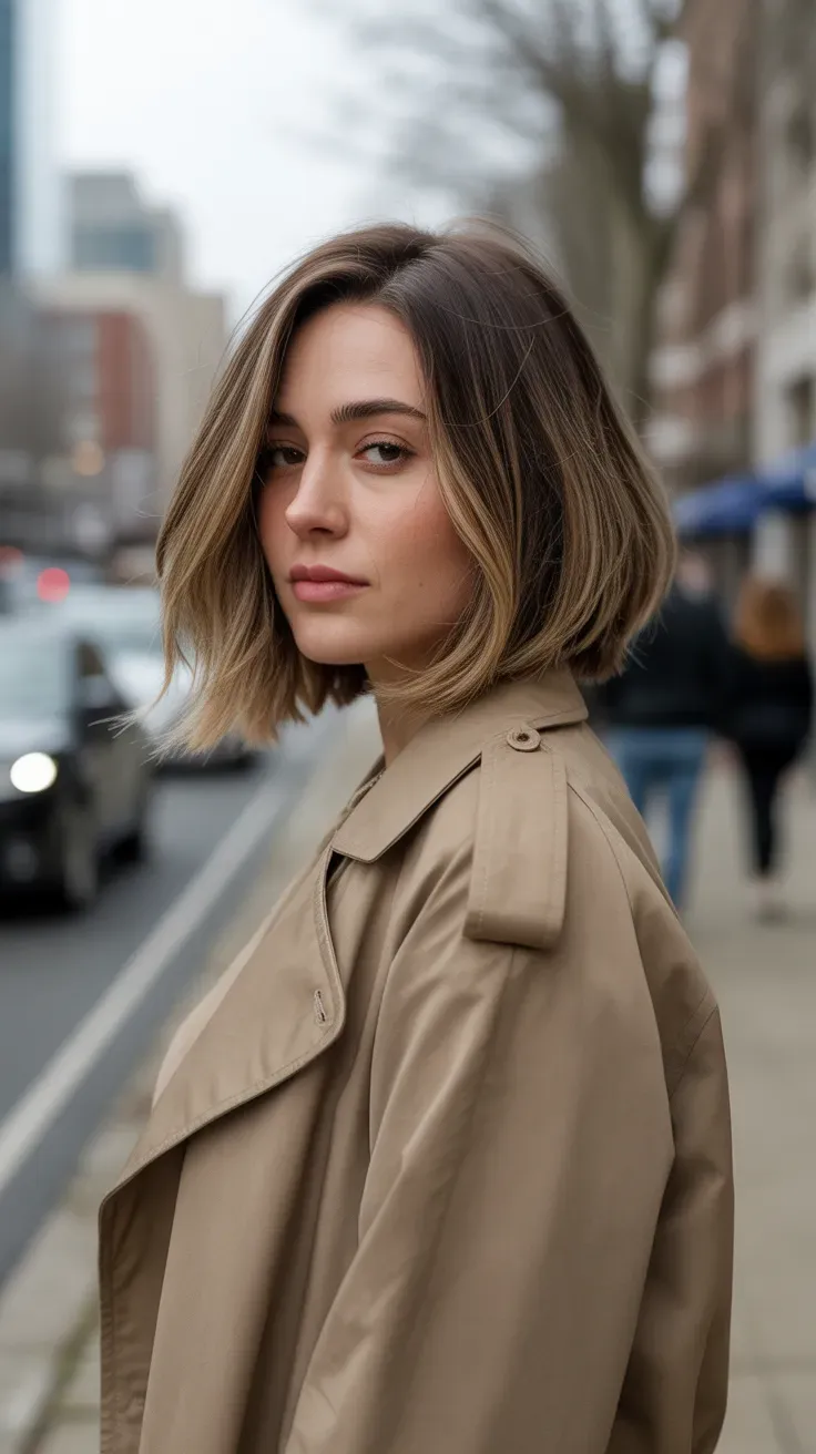 Woman with a choppy bob featuring soft feathered layers throughout
