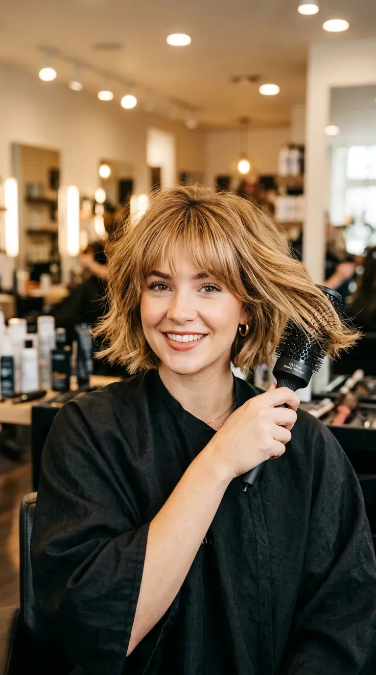 Woman with a choppy bob styled into a full voluminous glossy blowout with bangs