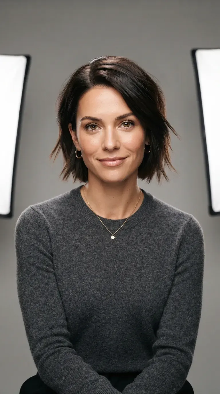 Woman with a choppy bob styled with a smooth glossy finish