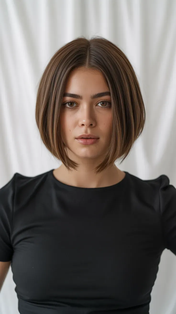 Woman with a choppy bob styled pin-straight with a sleek glossy finish