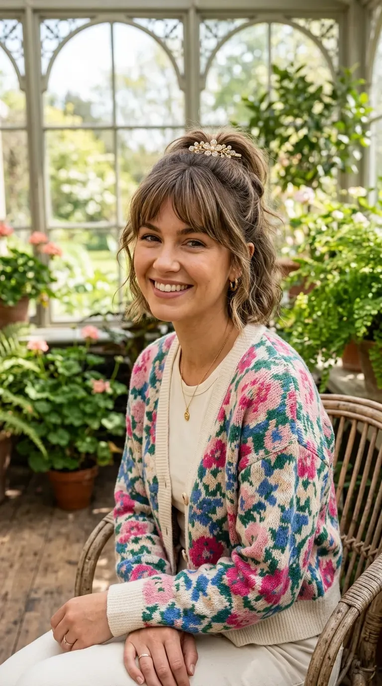Woman with a half-up choppy bob hairstyle secured with a decorative clip and bangs