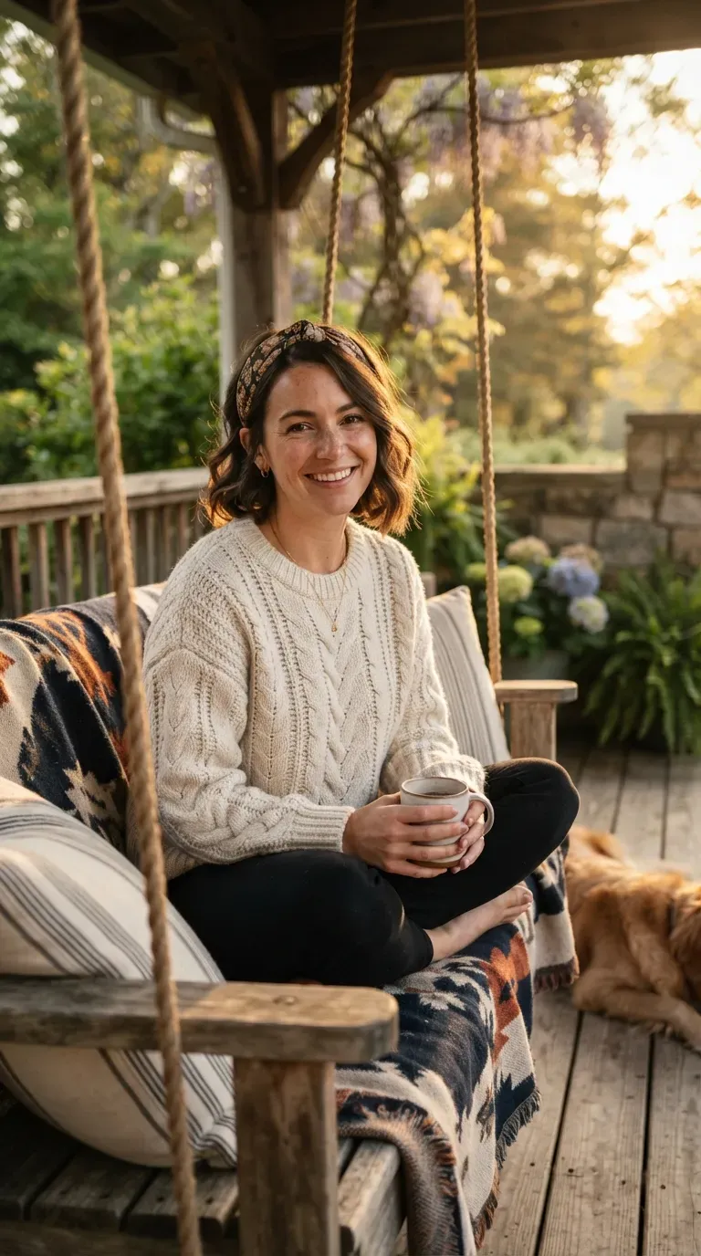 Woman with a choppy bob styled with a fabric headband pushing hair back