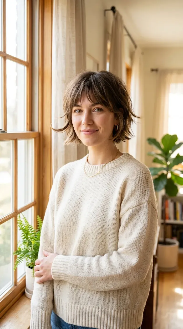 Woman with a choppy bob featuring layered bangs blending into face-framing pieces
