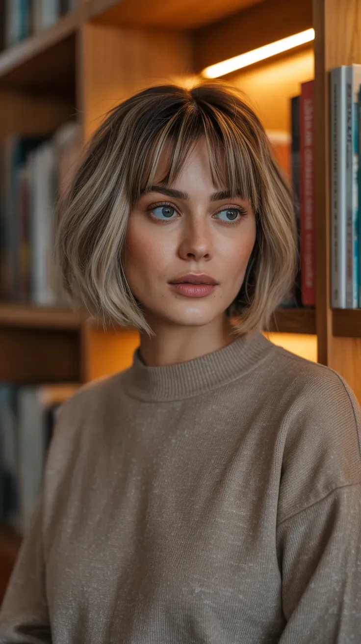 Woman with a choppy bob and long curtain bangs parted at the center