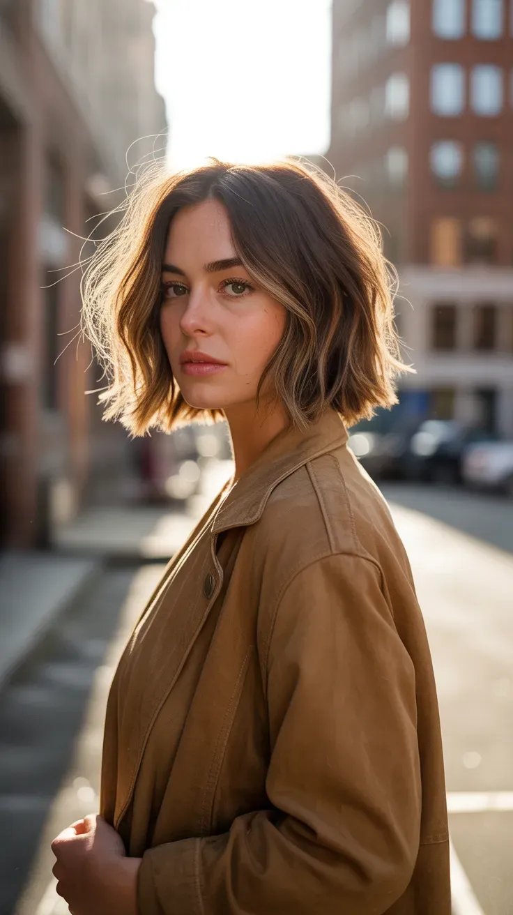 Woman with a choppy bob featuring longer layers toward the back