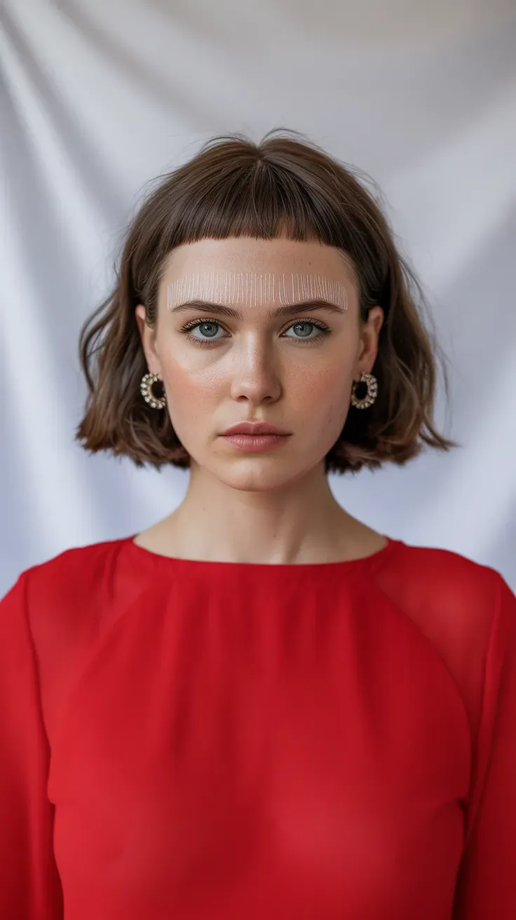 Woman with a choppy bob and short micro bangs above the eyebrows