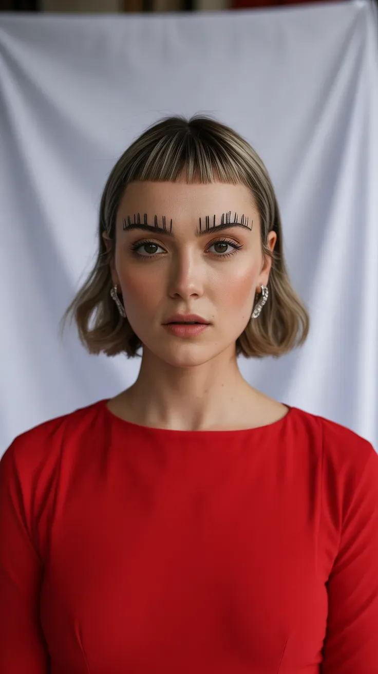 Woman with a choppy bob and short micro bangs above the eyebrows