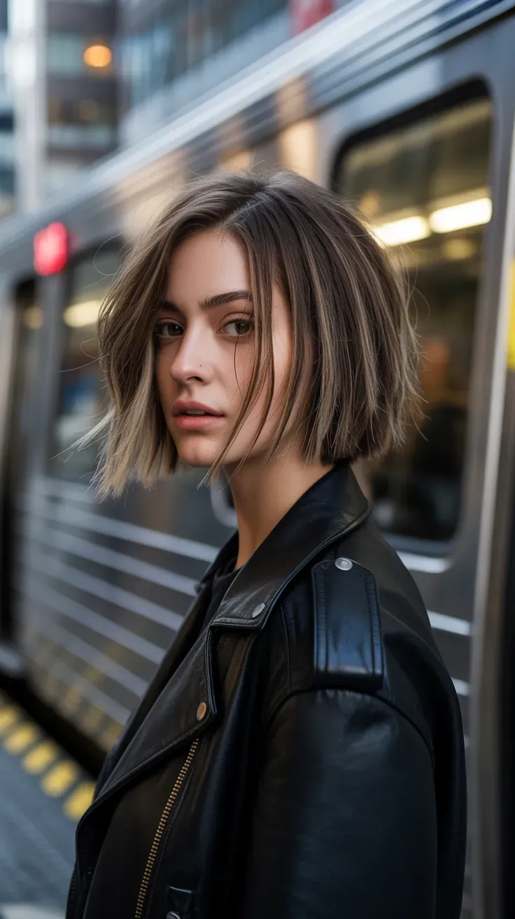 Woman with a choppy bob styled with defined piecey ends using texturizing paste