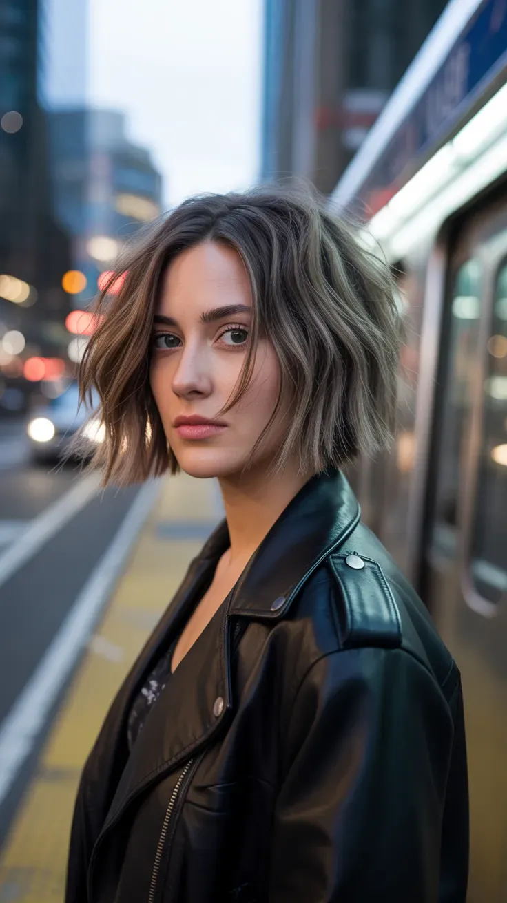 Woman with a choppy bob styled with defined piecey ends using texturizing paste