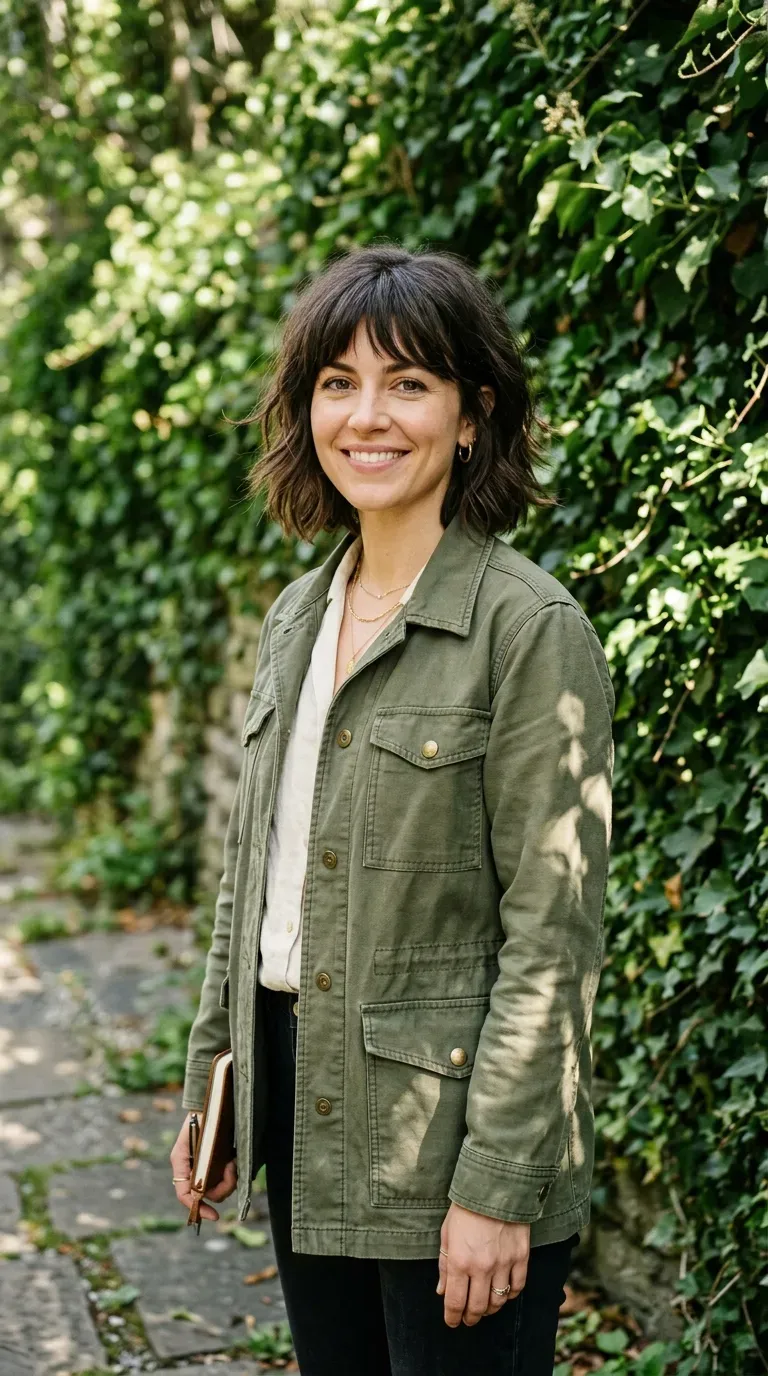 Woman with a choppy bob featuring soft razor-cut bangs for added texture
