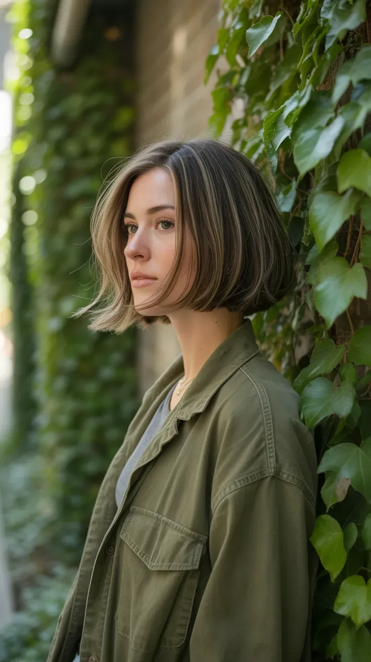 Woman with a choppy bob featuring soft razor-cut layers for added texture